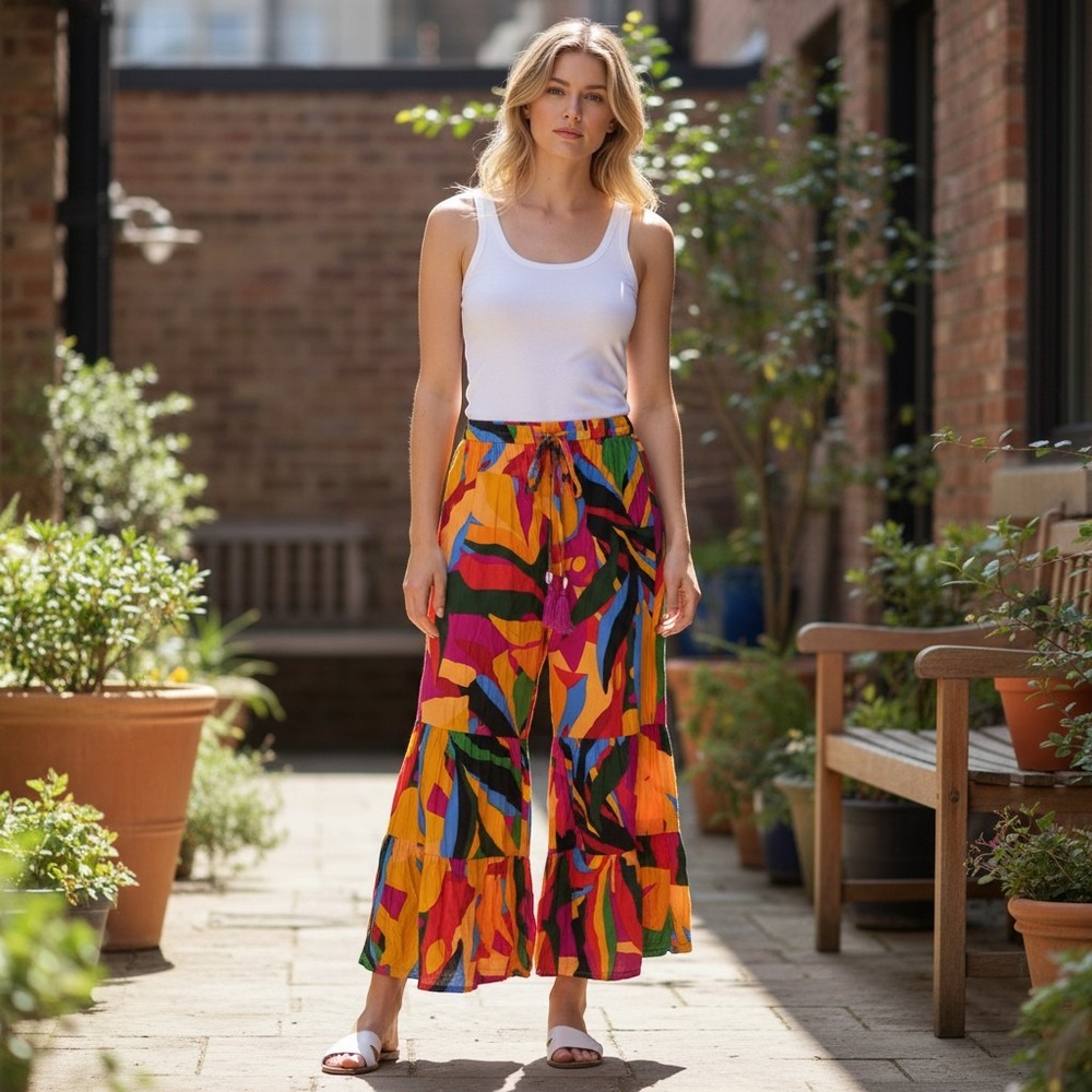 True Destinations Abstract Tropical Print Wide Leg Tassel Pants Multi Color L